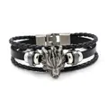 Men's punk multi-layer leather bracelet with vintage silver wolf head and metal clasp - Black