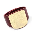 Wide wine red leather cuff bracelet with hammered gold metal plate for women - Burgundy