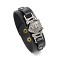Punk black leather wristband with silver wolf head and crossbone metal embossed relief - Black