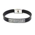 Men's black leather bracelet with engraved stainless steel plate and folding clasp - Black