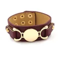 Burgundy litchi grain PU leather wide bracelet with gold metal horseshoe buckles - Burgundy