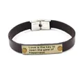Brown leather bracelet with engraved bronze plate and stainless steel buckle on white back - Brown