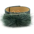 Wide dark green leather bracelet with faux fur pom-pom and gold metal snap buttons - Dark Green