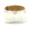 Wide pink faux leather bracelet with white fluffy fur trim and gold snap buttons - White