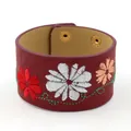 Ethnic wide PU leather cuff bracelet with colorful floral embroidery and gold snap buttons - Burgundy