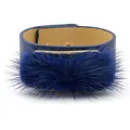 Dark blue PU leather cuff bracelet featuring faux fur trim and gold snap button closure - Sapphire Blue
