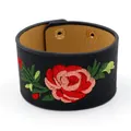 Wide black PU leather cuff bracelet featuring detailed red rose embroidery and snap closure - Black