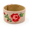 Fashion wide PU leather cuff bracelet with red rose floral embroidery and gold snap buttons - Dusty Pink