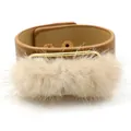 Brown leather bracelet with beige faux fur and golden metal clasp for women - Tan
