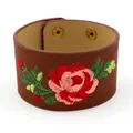 Brown wide PU leather cuff bracelet featuring detailed red rose floral embroidery - Coffee