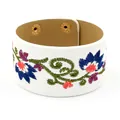 Ethnic style wide PU leather cuff bracelet with floral embroidery and golden snaps - White