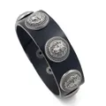 Men's punk black leather wide cuff bracelet featuring silver lion head metal studs - Black Lion Head / Black