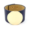 Navy blue lychee pattern leather cuff bracelet with polished gold metal circle - Navy Blue