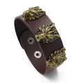 Men's retro brown leather wide bracelet with antique bronze lion head studs - Brown Wolf Head / Brown