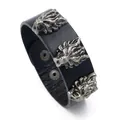 Men's punk leather bracelet with vintage silver beast heads and dual snap buttons - Black Wolf Head / Black