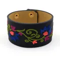 Black PU leather wide cuff bracelet with colorful floral embroidery and gold snap buttons - Black