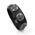 Men's punk black leather bracelet featuring vintage silver skull rivets and snap closure - Black Cross Flower / Black
