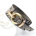Fashionable snakeskin PU leather wide bracelet with gold metal buckle on white plate - Grey and Black Snake Pattern (C#)