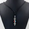 Ethnic style necklace with silver vajra pendant and red blue stones on black cord - Red and Blue Beaded Vajra (4)