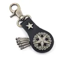 Punk-Leder-Schlüsselanhänger mit Bronze-Sternemblemen und fünf Metall-Schlüsselhaken - Pentagramm / Vintage Schwarz