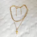 Double-layered gold stainless steel cross pendant necklace with paperclip chain - Single Paperclip Chain (NK8076) / Gold