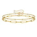 Double-layered golden paperclip and bead chain bracelet with zircon charms for women - Steel Color Double Layer Paperclip Satellite Bead Bracelet (BR8145)