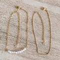 Double-layered 18K gold-plated stainless steel bracelet set with baroque pearls and zircon - Gold