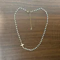 Asymmetric 18K gold plated necklace with white pearls and a side cross pendant - Artificial Pearl Cross Necklace / 40+5cm / Gold