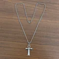 Silver Ankh cross necklace in stainless steel with a polished box chain on wood - Necklace (With Chain) / Large Steel