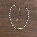 Adjustable 18K gold plated stainless steel bracelet with white pearls and cross charm - Artificial Pearl Cross Bracelet / 16+5cm / Gold