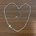 Stainless steel pearl chain necklace with silver cross pendant in a heart shape layout - Artificial Pearl Cross Necklace / 40+5cm / Silver