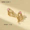 Vintage irregular golden leaf earrings with pink square zircon stones for women - Pink Zirconia Conch Style (NMSE-C238-1) / 18K Gold / Gold
