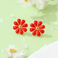 Boucles d'oreilles marguerites en émail rouge et acier inoxydable avec centre doré - Boucles d'oreilles fleurs rouges