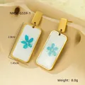 Gold rectangular drop earrings featuring blue dried flower patterns and geometric studs - Rectangular Blue Dried Flower Earrings (NMSE-G559-1)