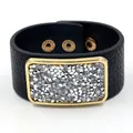 Fashionable black PU leather wide bracelet with sparkling square rhinestone buckle - Black