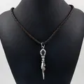 Vintage silver vajra pendant necklace with dark brown woven cord for men - Religious Phurba Style (6)