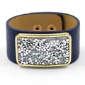 Fashionable dark blue PU leather wide bracelet with gold rectangular crystal buckle - Navy Blue