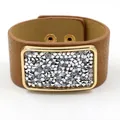 Brown leather cuff bracelet with rectangular gold rhinestone frame and snap button closure - Khaki