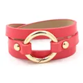 Drielagige rode PU-lederen wikkelarmband met een gepolijste gouden ronde ringgesp - Watermeloen Rood