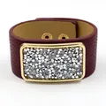 Fashionable burgundy PU leather wide bracelet with square sparkling crystal insert - Burgundy