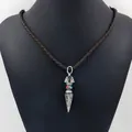Ethnic retro pendant necklace with silver vajra charm and brown braided cord on a bust - Exorcising Pestle with Brown Rope (7)
