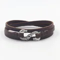 Retro dubbellaagse bruine leren armband met een zilveren metalen dubbele slang - Bruin