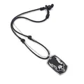 Hip hop necklace with silver skull wing pendant on black leather and bead chains - Skull Wings Dog Tag (HM2003-05)