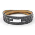 Three-wrap dark gray PU leather bracelet with silver magnetic clasp and engraved quotes - Gray