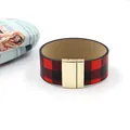 Fashion red and black buffalo plaid PU leather wide bracelet with gold magnetic buckle - Red White Plaid