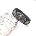 Retro punk wide black leather bracelet with silver skull emblem and metal rivets - Black