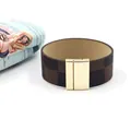 Wide leopard plaid PU leather bracelet featuring a large golden metal magnetic buckle - Coffee Plaid