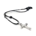 Retro alloy cross pendant necklace with black braided cord and silver bead chain - Cross Style