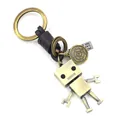 Vintage bronze robot keychain with brown leather braided rope and engraved metal tags - Robot Style (HM2008-20) / Antique Bronze Brushed