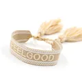 Bohemian woven friendship bracelet with Feel Good embroidery and tassel accents - Khaki FEELGOOD
